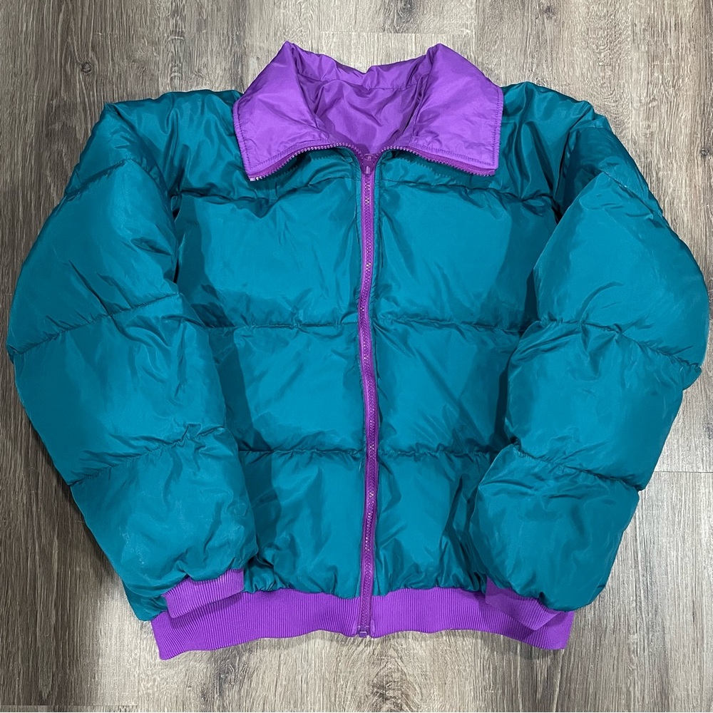 Columbia Women’s Reversible Down Puffer Jacket Teal Purple Size XL Vintage 90s